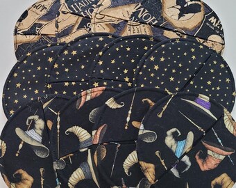 Halloween Wizard Fabric Coasters, Stemware Slipper Charms, Set of 4