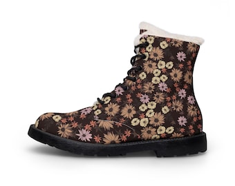 Vintage Floral Lace-Up Boots | Fur-Lined Leather Boots