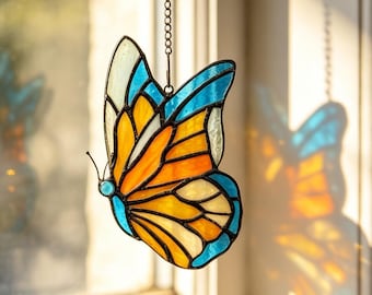 Monarch Butterfly Stained Glass Suncatcher, Vibrant Orange Blue Butterfly Window Hanging, Handcrafted Nature Home Art,  Back-to-school Gift