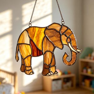 May include: A stained glass suncatcher shaped like an elephant, constructed from various shades of amber, gold, and brown glass pieces joined by dark metal solder lines. The elephant figure hangs from a thin metal chain for display purposes.
