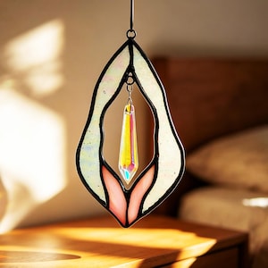 Abstract Vulva Stained Glass Suncatcher, Feminist Yoni Art with Iridescent Crystal, Boho Hanging, Bedroom Decor, Vulva Art, Self-Love Gifts