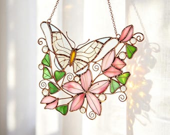 Stained Glass Butterfly Suncatcher, Pink Floral Window Hanging, Bedroom Decor, Nature Lover Gifts, Romantic Home Decor, Butterfly Ornaments