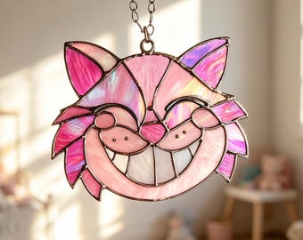 Cheshire Cat Stained Glass Suncatcher, Handcrafted Iridescent Cat Face Ornament, Whimsical Home Art Spaces, Light Catcher for Window Hanging