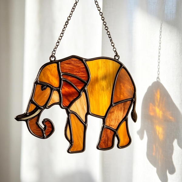 Stained Glass Elephant Suncatcher, Warm Amber Brown Elephant, Handcrafted Safari Animal Window Hanging for Earthy Home Decor, Unique Gifts