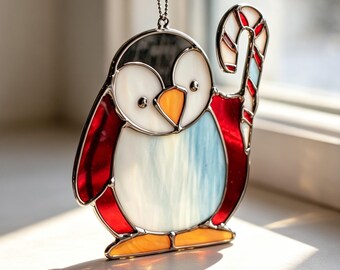 Christmas Penguin Suncatcher Stained Glass Home House Decor, Funny Holiday Window Wall Hanging, Kid's Room Cute Decor, Festive Home Decor