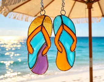 Tropical Flip Flops Stained Glass Suncatcher, Handmade Beach Sandal Window Hanging, Coastal Window Decor Gift, Summer Vacation Keepsake Gift