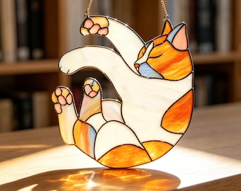 Cute Rolling Cat Stained Glass Suncatcher, Handmade Kitten Glass Window Hanging, Custom Light Catcher for Windows, Pet Art Birthday Gifts