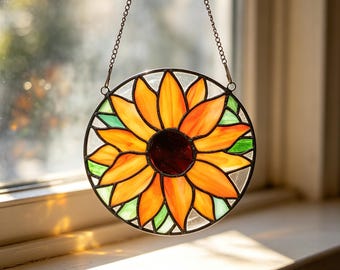 Round Sunflower Stained Glass Suncatcher, Vibrant Orange Floral Ornament, Farmhouse Window Hanging for Garden, Unique Gift for Summer Decor
