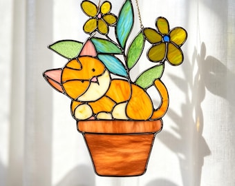 Stained Glass Orange Tabby Cat in Flower Pot Suncatcher, Custom Handcrafted Whimsical Cat Art, Unique Plant Lover Gift for Boho Cottage Deco