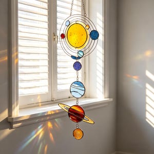 Solar System Stained Glass Suncatcher, Colorful Planets Window Hanging for Kids Room Decor, Vibrant Galaxy Suncatcher, Astronomy Themed Deco