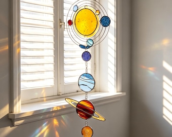 Solar System Stained Glass Suncatcher, Colorful Planets Window Hanging for Kids Room Decor, Vibrant Galaxy Suncatcher, Astronomy Themed Deco