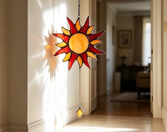 Boho Red Orange Radiant Sun Stained Glass Suncatcher, Celestial Window Hanging, Stained Glass Sunburst Decor for Bedroom Window, Unique Gift