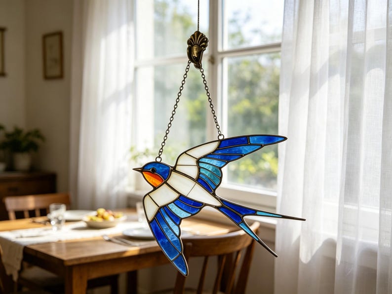 May include: A stained glass swallow suncatcher with a blue, white, and orange design. The bird is suspended by a chain in front of a window with white curtains. The swallow's wings are spread in flight.