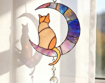 Custom Moon and Cat Suncatcher, Stained Glass Window Ornament, Boho Window Hanging for Cat Lovers, Bedroom Nursery Decor, Light Catcher Art