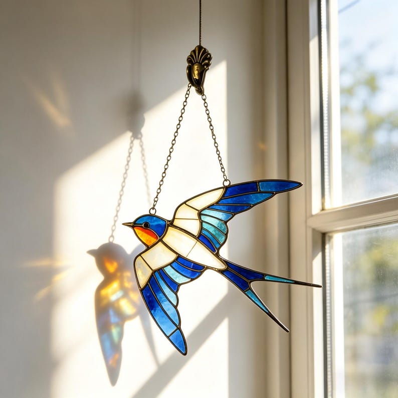 May include: Stained glass swallow bird suncatcher with blue, white, and orange hues. The bird is suspended by a chain and decorative fixture. The suncatcher is hanging near a window, casting a colorful shadow on the wall.