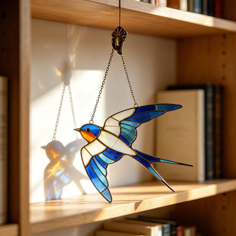 May include: Stained glass swallow bird suncatcher with blue, white, and teal wings, an orange chest, and a blue head. The bird hangs from a decorative metal chain and is displayed on a wooden shelf.