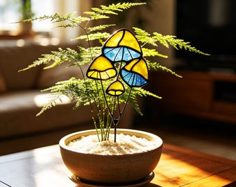 Handmade Stained Glass Mushroom Plant Decor, Vibrant Yellow Blue Fairy Mushroom, Unique Plant Lover Gift for Indoor Gardens, Bedroom Decor