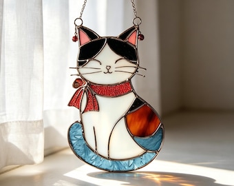 Stained Glass Winter Calico Cat Suncatcher, Handmade Holiday Ornament for Christmas, Winter Home Decor, Cat Lover Gift, Seasonal Displays