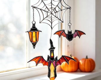 Halloween Spider Web Stained Glass Suncatcher, Gothic Bat Window Hanging, Handmade Suncatcher Gift for Halloween Lovers, Home Decor Gift
