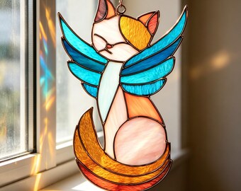 Stained Glass Angel Cat Suncatcher, Whimsical Winged Cat Suncatcher,  Pet Loss Keepsake for Window Display, Light Catcher for Window Hanging