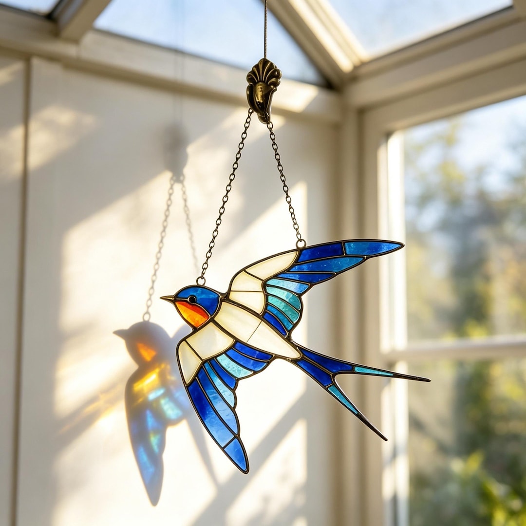 Stained Glass Swallow Bird Suncatcher, Blue White Flying Bird Bedroom Hanging, Handcrafted