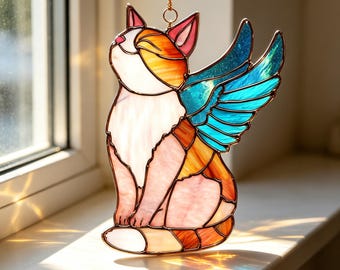 Handmade Stained Glass Angel Cat Suncatcher, Personalized Winged Cat Suncatcher,  Pet Loss Keepsake, Light Catcher for Window Hanging Art