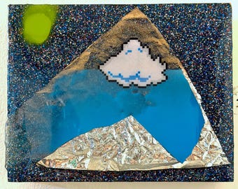3I/Atlas. Glitter, Paint, Paper, Mylar & Resin on Wood