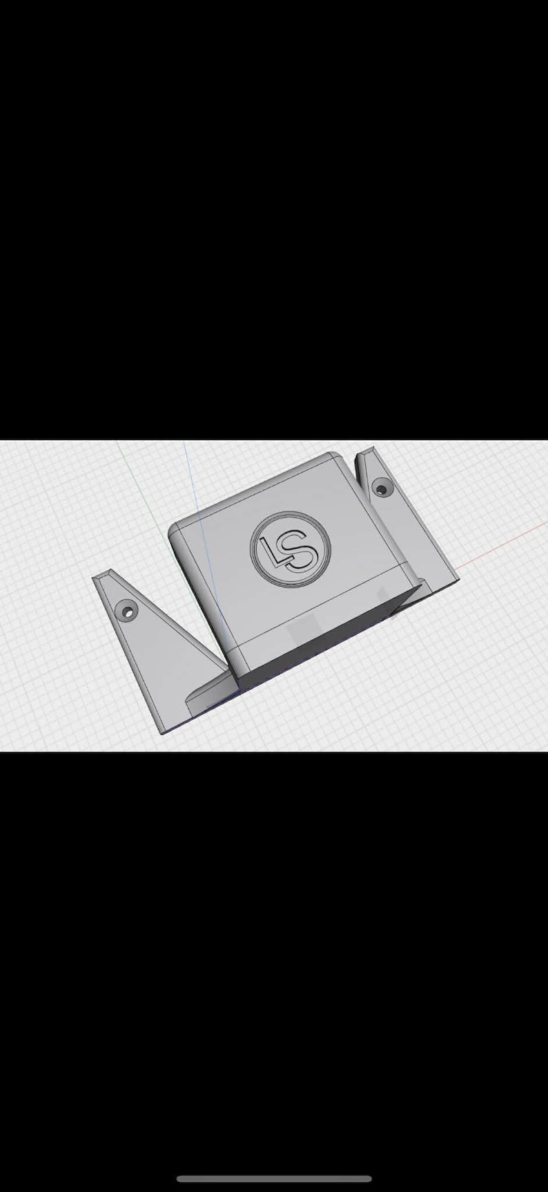 May include: A 3D-rendered, gray, geometric object with the letters "LS" in a circle on the top surface. The object has a rectangular base with two angled side pieces, each with a circular hole.