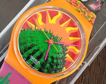 Vintage Swatch Tequila GO102 Armbanduhr, 1993 Mexikanische Sonnenuntergang Kaktus Design (Original Box)