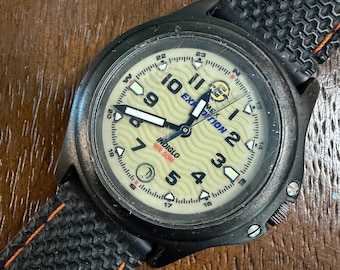 1998 Timex Expedition Indiglo Field Watch Full Lume Dial 24 Hour Date Black New Orange Stitch Rubber Strap 31mm Working