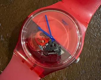 Swatch New Gentle Dipred SUOR103 41 mm Rotes Silikon Skeleton Zifferblatt Swiss Made Quarz Unisex Uhr