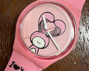 Swatch Lovely Mine GZ265 Originals Gent Pink Dial Bunny Graphic I Love You Strap 34mm Working