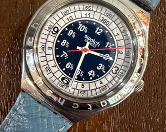 Vintage 1994 Swatch Ocean Storm YGS103 Irony Big 36 mm | Irony der ersten Generation, Edelstahlgehäuse, blaues Lederband
