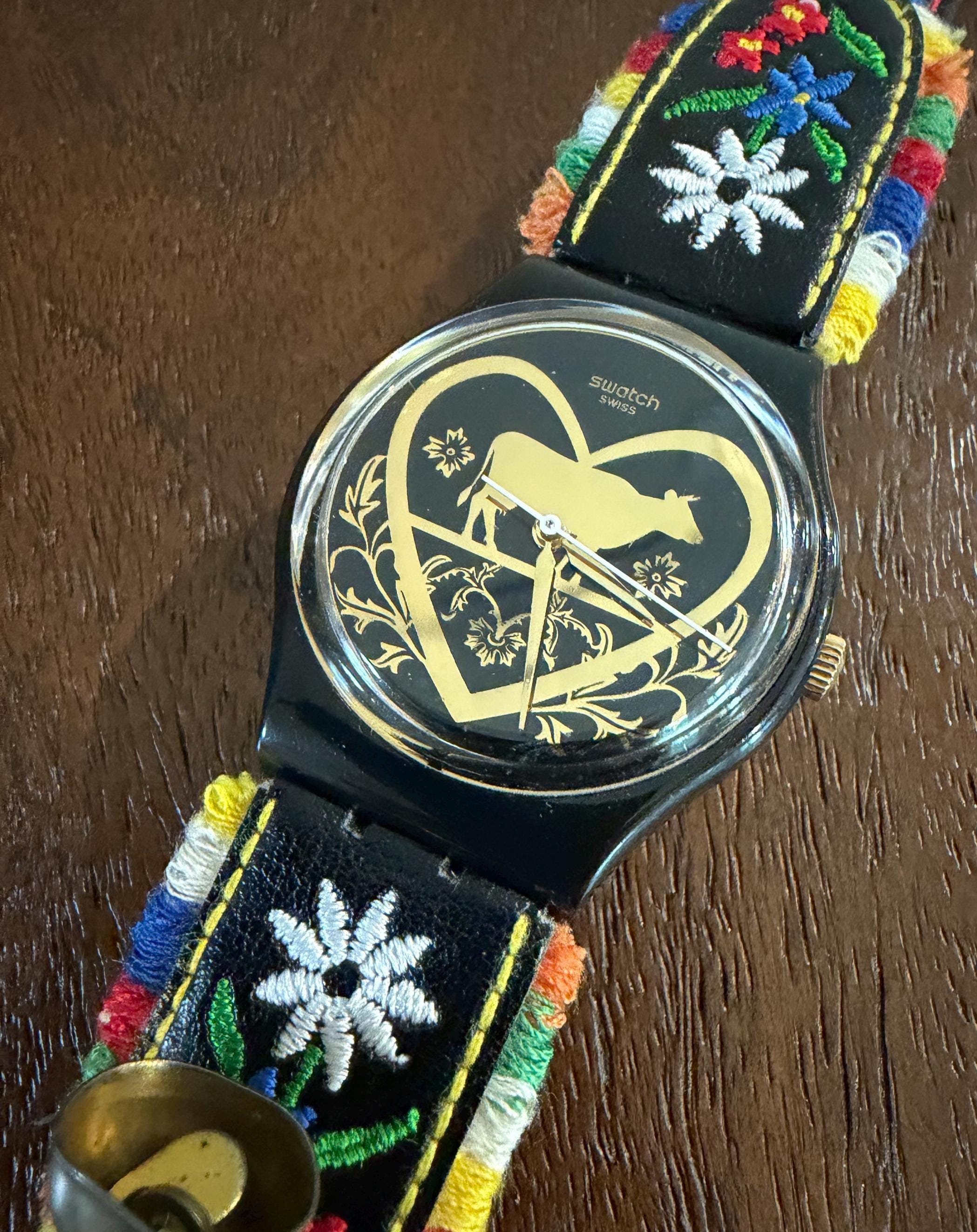 Swatch Die Glocke Mens Watch 33mm Black Embroidered Leather Bell New Battery Swatch Watch GB285  main image 3