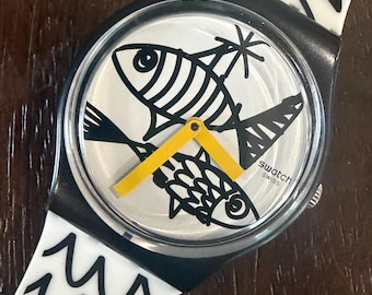 Swatch Pesciolini GB303 Originale Herrenuhr Weißes Zifferblatt Gelbe Zeiger Fish 34 mm Swiss Quartz
