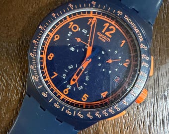 Swatch Rebirth Blue SUSN401 Chrono Plastic 2013 Navy Orange 42mm Chronograph Tachymeter Vintage Unisex Watch