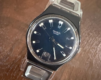 Vintage Swatch Blaue Öffnung GB424 Jahr 2000 Herrenuhr Dunkelblau-Grün Zifferblatt Edelstahl Armband 34 mm Originale Gem Schweizer Quartz