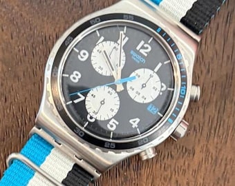 Swatch Irony Chrono Skybond YVS409 43mm | Steel Chronograph, Black Dial, Date | Swiss Quartz, NATO Strap | Excellent Condition | Working