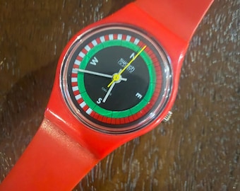 Vintage 1984 Swatch Kompass LR102 Lady 25 mm | Rotes Original-zweite-Jahres-Muster | Seltenes frühes Sammlerstück, voll funktionsfähig | Hervorragend für das Alter