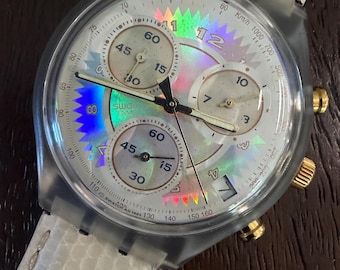 1994 Swatch Whipped Cream SCK400 Chrono Holographic Rainbow Dial Clear Case White Leather Strap 37mm Working with Box