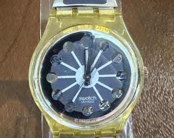 Vintage 1991 Swatch Blue Segment GK148 Herren 34 mm | Schwarzes Starburst Zifferblatt, Gewölbte Metallic Marker, Stahl Armband | Funktioniert Schweizer Quarz