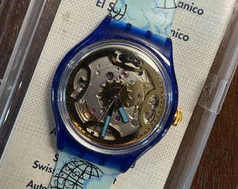 1993 Swatch Automatic Mappamondo SAN101 Skeleton Dial Globe Strap 37mm New Old Stock Box and Papers Working