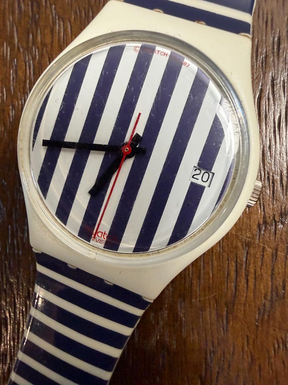 1988 Swatch Deauville GW401 Standard Gent, Navy White Stripe Dial, Date, Striped Strap, 34mm, with Box, Working