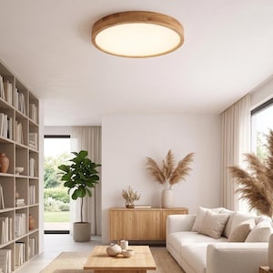 ジャパンディ風木製シーリングライト、埋め込み型LEDランプ、スカンジナビア風ミニマリスト照明、丸型オーク材シーリングライト、寝室・リビングルーム用照明