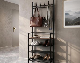 フック付き4段シューズラック、玄関用シューズ収納オーガナイザー（コート掛け付き）、狭いスペースやアパートのクローゼットに最適なスリムな縦型シューズ棚