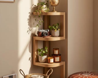 Moderner Eckregalständer, Z-förmiges Holzregal, Japandi-Blumenständer, minimalistischer Nachttisch für kleine Räume, Boho-Regal