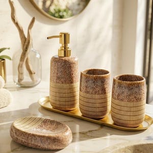 Vintage Keramik Badezimmer Zubehör Set, 4-teiliges Badezimmer Set, Seifenspender Zahnbürstenhalter Becher Seifenschale, neutrales Badezimmer Dekor