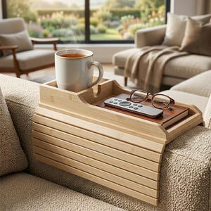 May include: A light brown bamboo sofa arm tray with a cup holder, holding a mug of tea. The tray also holds a remote control, glasses, and a book. The tray has a slatted design and is designed to fit over a sofa arm.