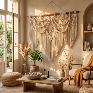Pode incluir: Um macramé bege adorna a parede de uma sala de estar. A sala inclui uma mesa de centro de madeira, uma poltrona bege com uma manta mostarda e plantas decorativas. Um pufe tecido e um tapete completam o ambiente boêmio. O conjunto é banhado por luz natural.