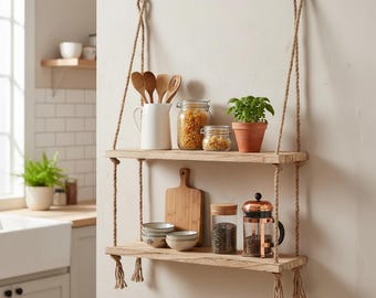 2 Tier Hanging Wall Shelf, Boho Rope Shelf, Wooden Floating Shelf, Minimalist Plant Display for Bathroom Kitchen Living Room